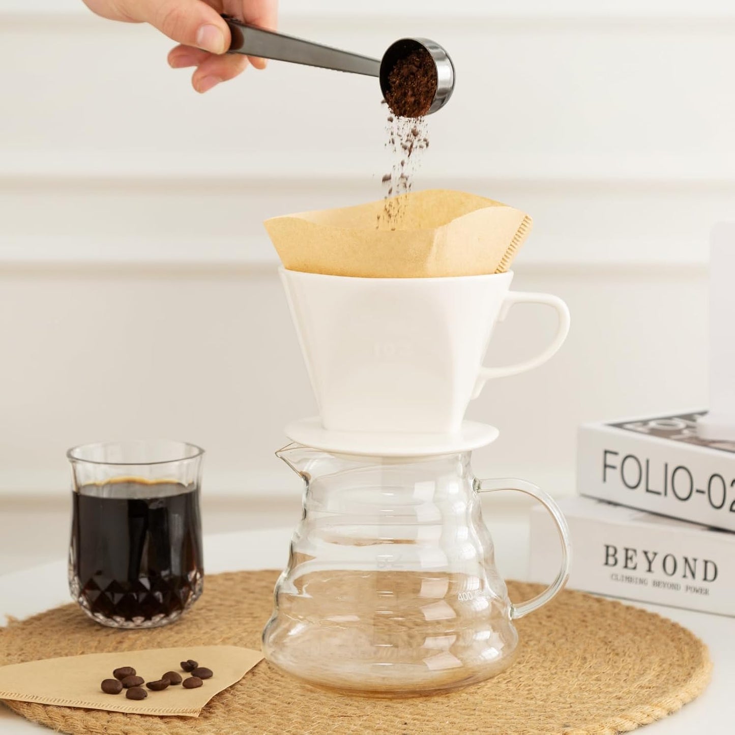 Pour Over Coffee Dripper, Ceramic Pour Over Coffee Maker with 3 Holes Flat Bottom, Easy Manual Slow Brewing, Porcelain Slow Filter Cone for Home, Office, Gift, Size 2,White