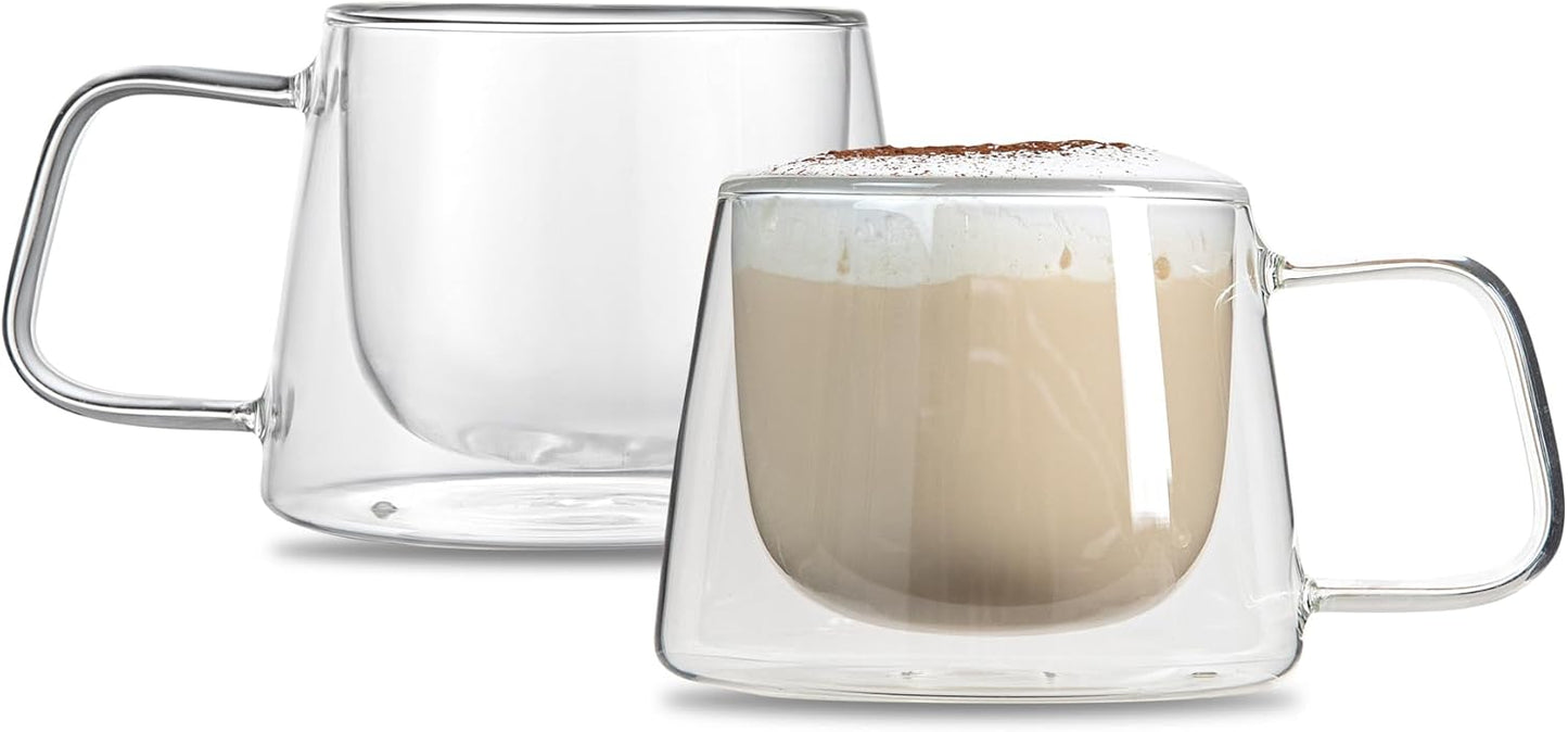 Restaurantware-Forma Professional 6.8 Ounce Double Wall Coffee Mugs, 12 Insulated Coffee Mugs With Handle - Dishwashable, Reusable, Clear Glass Beverage Cups, Freezable, For Hot Or Cold Beverages