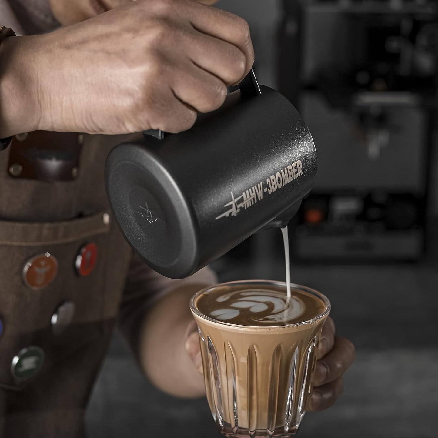 MHW-3BOMBER Espresso Steaming Pitcher Milk Frothing Pitcher Stainless Steel Milk Coffee Cappuccino Latte Art Barista Cup 16.9oz/500ml (Matte Black) P5032B-OS