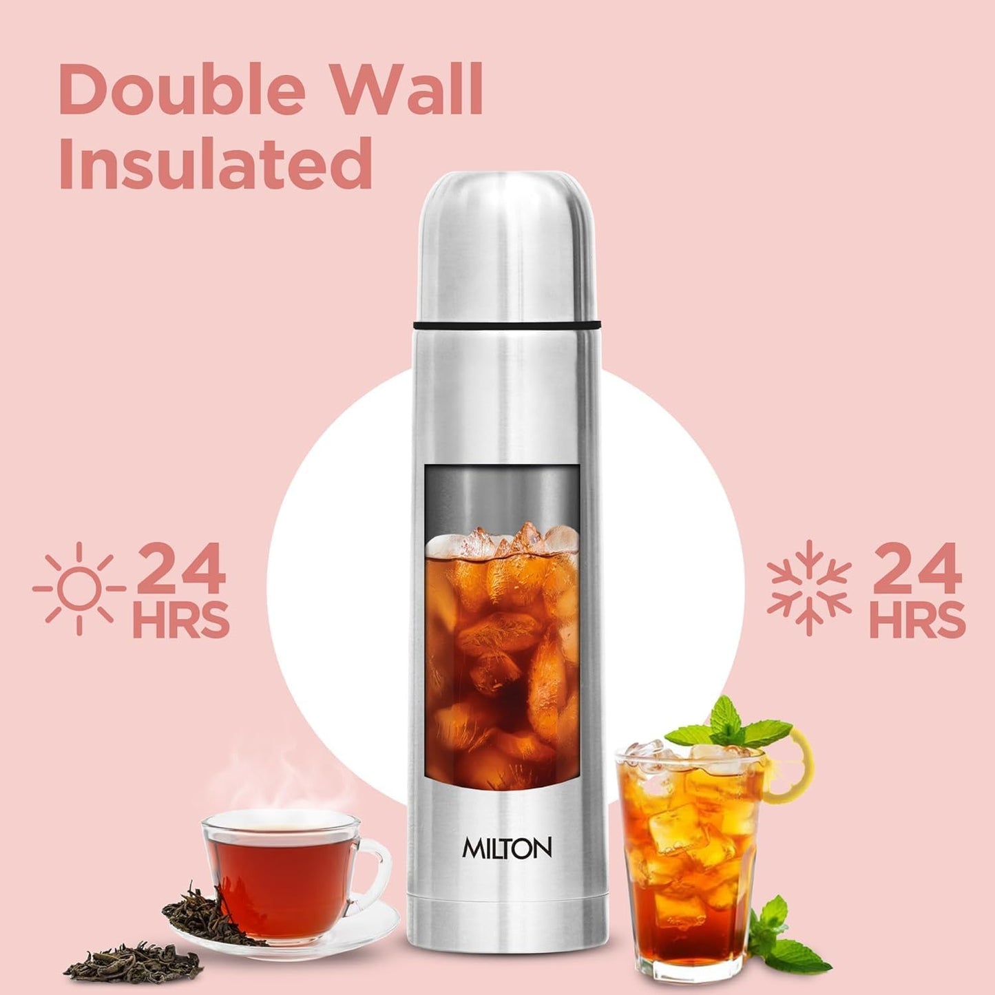 Milton Thermosteel Flip Lid 500, Double Walled Vacuum Insulated Thermos 500 ml | 16 oz | 24 Hours Hot and Cold Water Bottle with Cover, Stainless Steel, BPA Free, Leak Proof | Silver