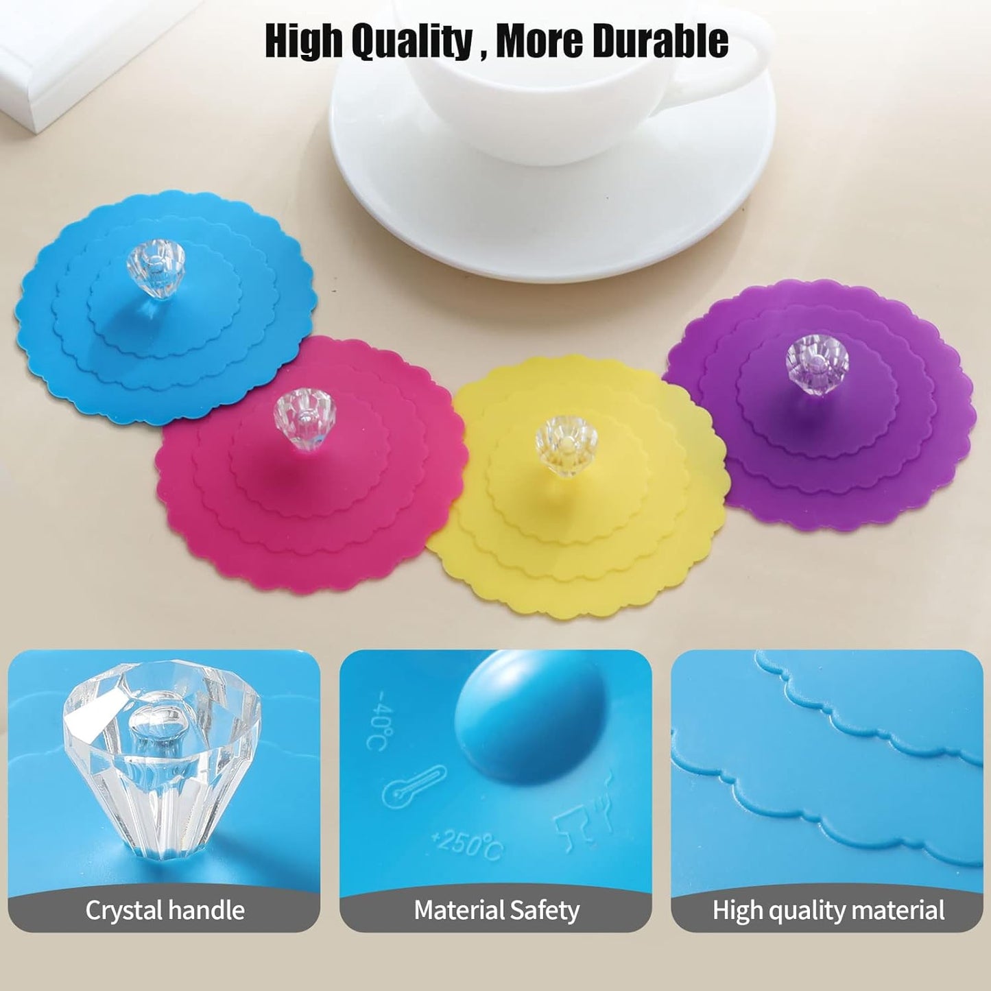 Silicone Cup Covers (Set of 4) ， Multicolored Silicone Lids for Mugs, Cups, Tea Pots,Flexible Mug Covers，Hot Cup Lids for Coffee & Tea
