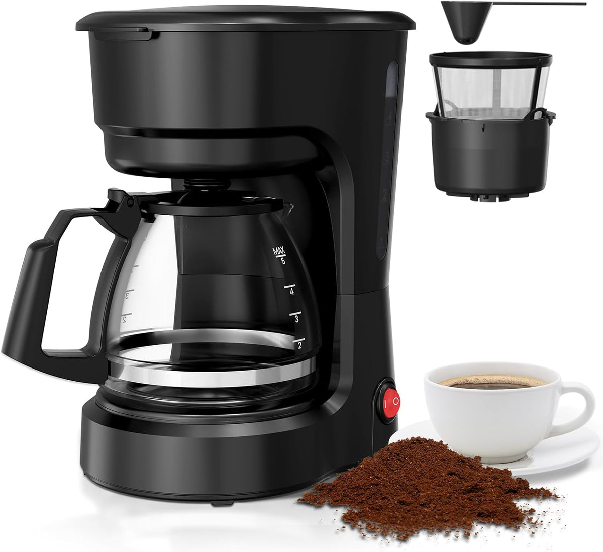 5-Cup Drip Coffee Maker, Compact Coffee Machine with Food-grade Glass Carafe, Always Keep Warm with Manual Switch, Delay Brew, 25oz Water Reservoir, Ideal for Home/Office/Travel/Outdoor - Black