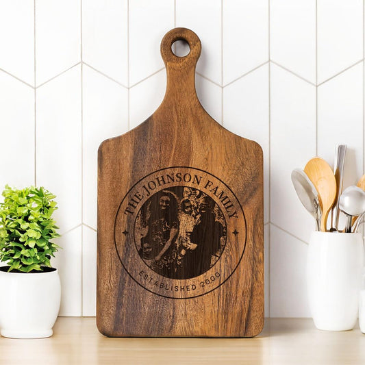 callie Personalized Cutting Board with Photo & Text & Date, Wooden Cutting Board Cheese Serving Tray with Handle, Housewarming Gifts (S, M, L)