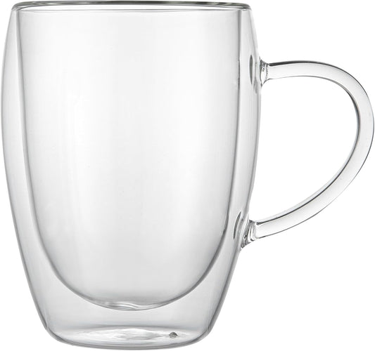 Restaurantware-Forma Professional 11.8 Ounce Glass Coffee Cups, 12 Insulated Coffee Cups With Handle - Dishwashable, Reusable, Clear Double Wall Beverage Tumblers, Freezable For Hot Or Cold Beverages