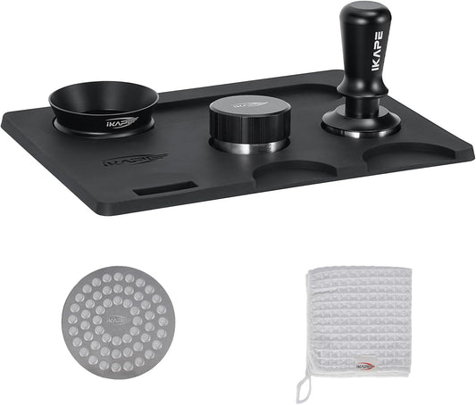 IKAPE 53MM Coffee Tamper Set Black 6 IN 1, Espresso Tamper, Distributor, Magnetic Dosing Funnel, Silicone Mat, Puck Screen, Cleaning Towel