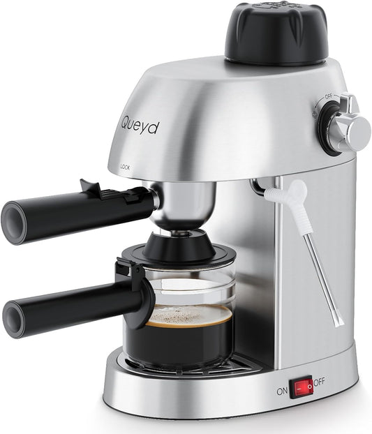 Queyd 3.5 Bar Espresso Machine,4-Cup Stainless Steel Coffee Maker with Steam Milk Frother, Compact Design Coffee Machine with Removable Drip Tray for Latte and Cappuccino, Silver