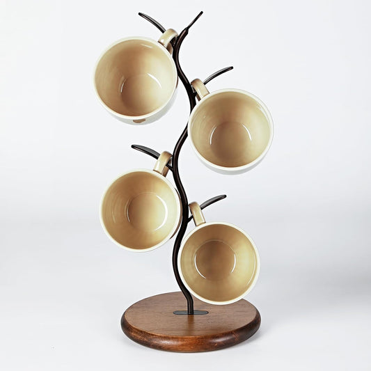 Sturdy Countertop Mug Tree with Solid Wood Base, Delicate Cast Iron Coffee Mugs Holder, Countertop Coffee Cup Holder for Large Cups, Minimalist Mug & Tea Cup Storage Rack (Set of 1)