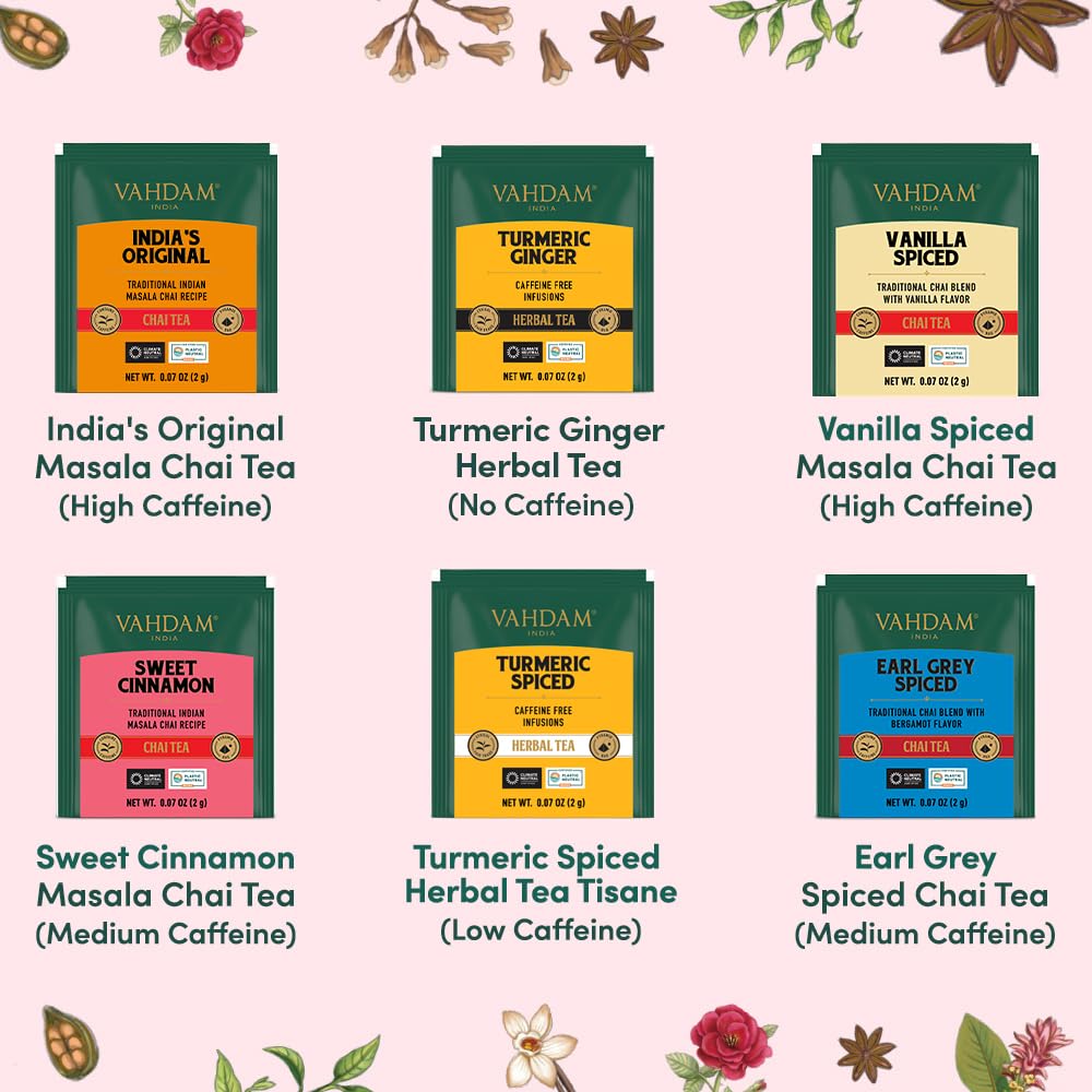 VAHDAM, Assorted Chai Tea Variety Pack (6 Delicious Flavors, 36 Eco Friendly Pyramid Tea Bags) Caffeinated, Gluten Free, Non GMO | Indian Masala Chai Tea Blends | Tea Gift Sets for Men and Women