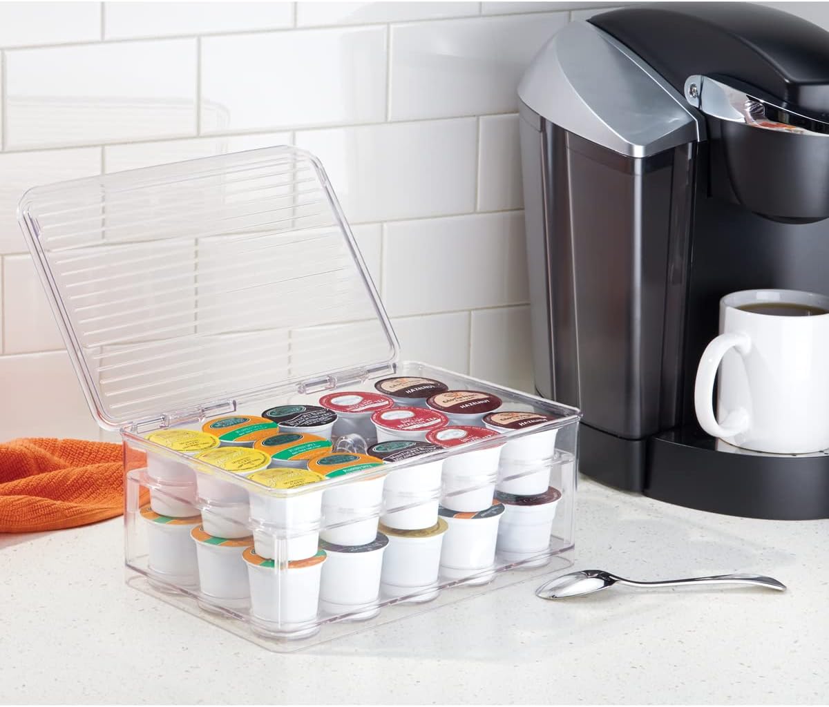 iDesign 2-Tier Coffee Pod Holder Lidded Bin, Plastic Pantry and Kitchen Storage, The Linus Collection – 7.25" x 10.75" x 4.25", Clear