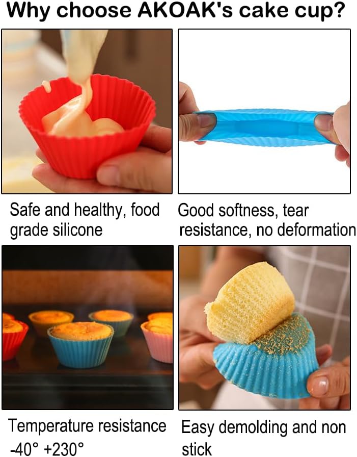 AKOAK Reusable Silicone Non-stick Baking Cups, Cake Molds, Kitchen Baking Cooking Accessories, DIY Cake Making Tools - Pack of 10 (Red)