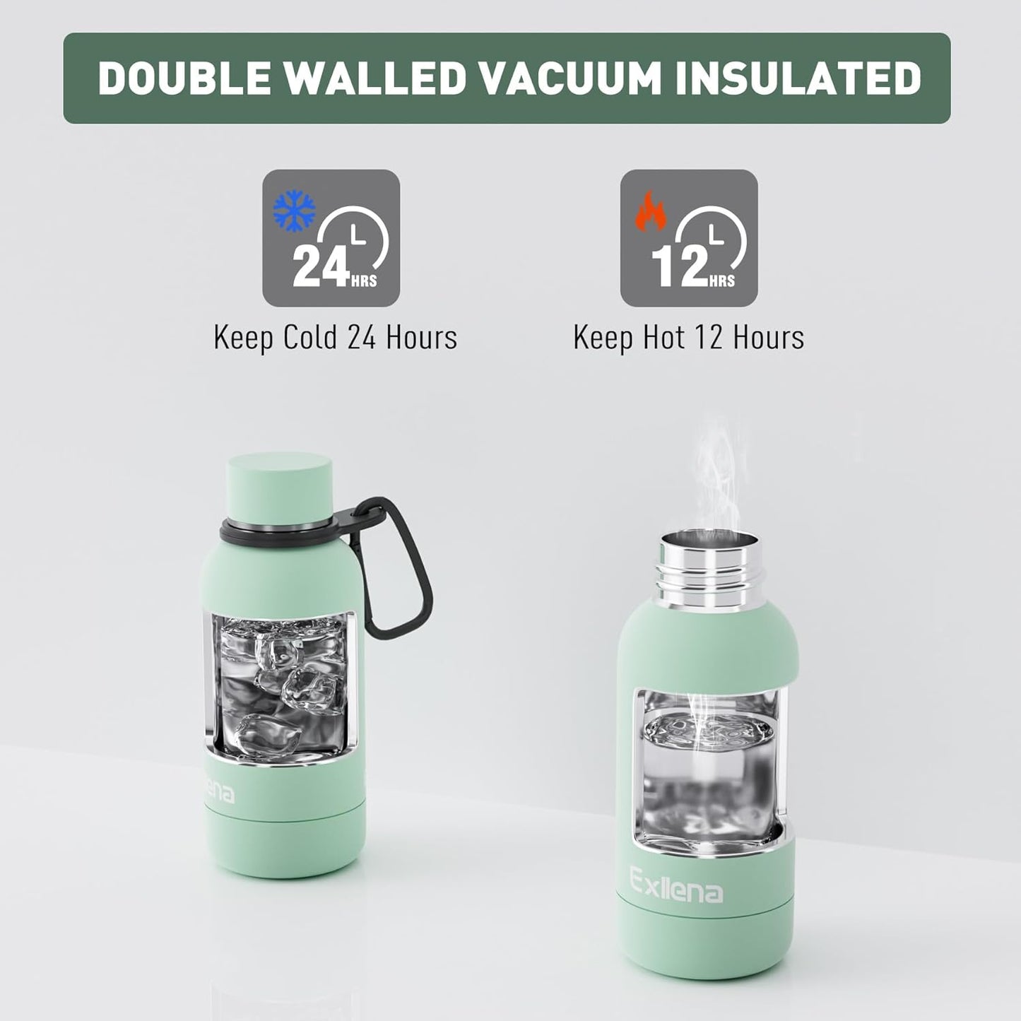 Small Water Bottle 12oz with Clip, Double Wall Stainless Steel Vacuum Small Insulated Water Bottle Keeps Drinks Cold 24 Hrs/Hot 12 Hrs for Kids Handbag School BPA Free (Mint)