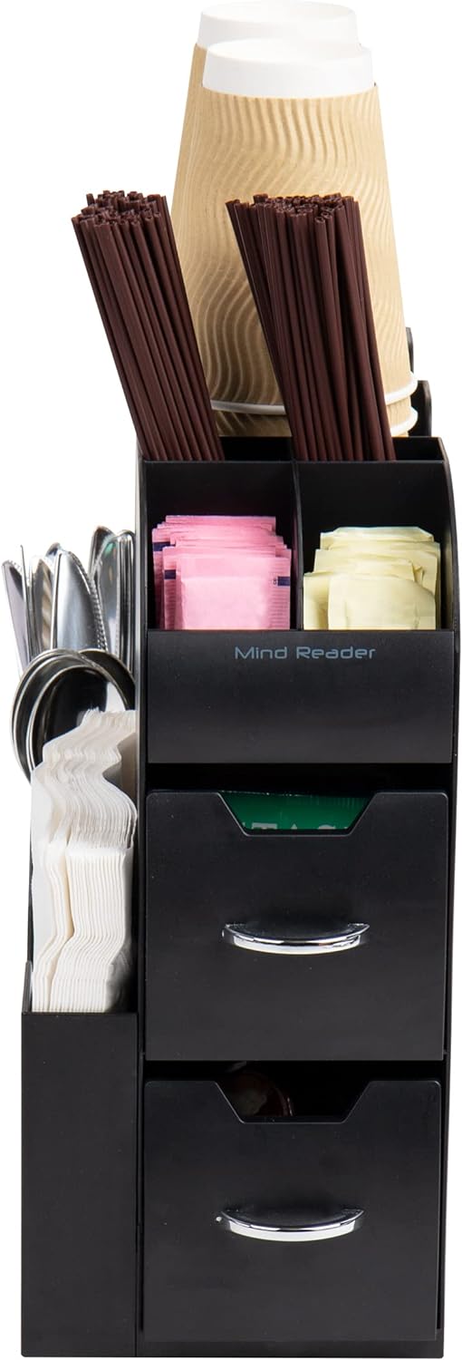 Mind Reader Cup and Condiment Station, Countertop Organizer, Coffee Bar, Kitchen, Stirrers, 5.35" W x 11.25" L x 11.15" H, Black (Pack of 8)