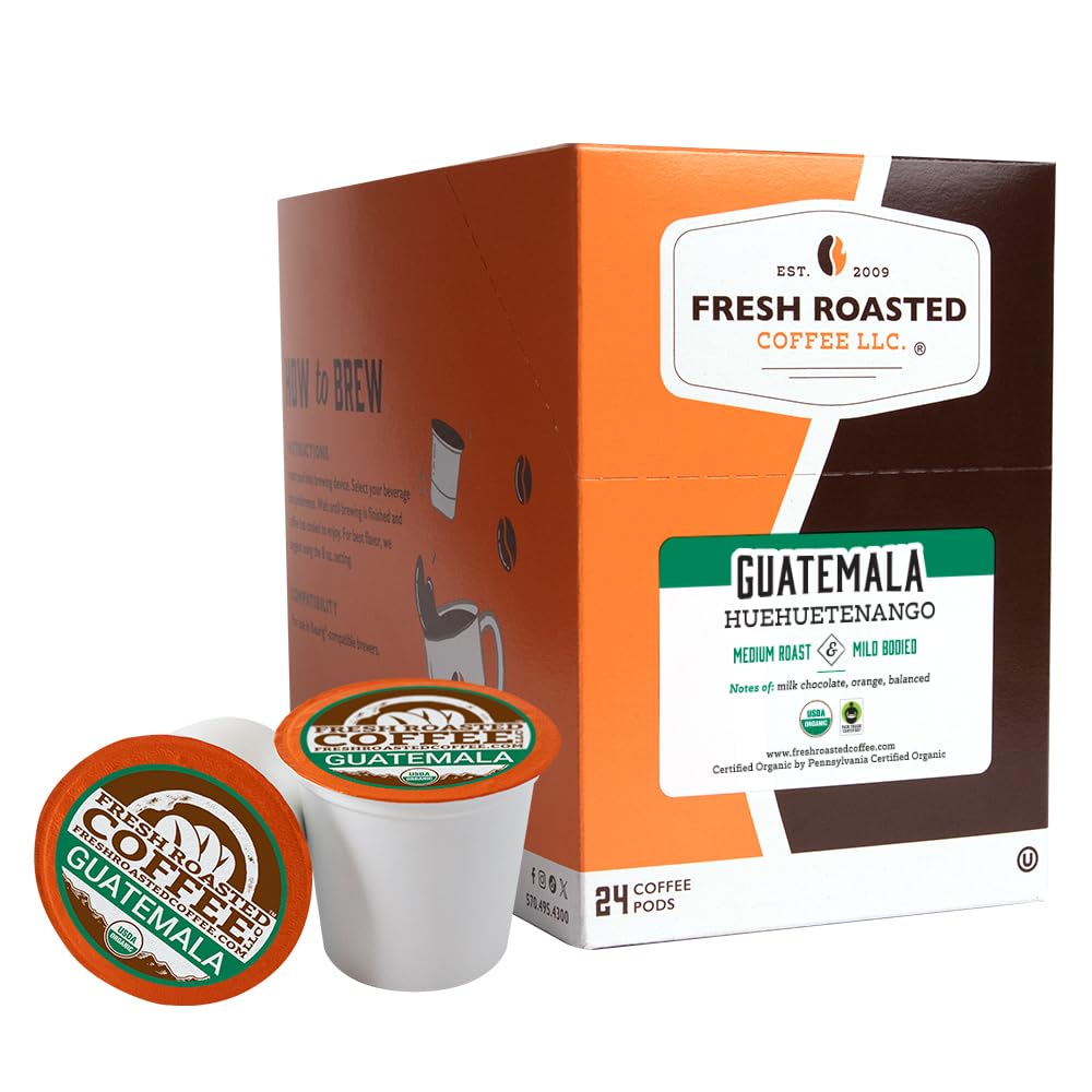 Fresh Roasted Coffee, Organic Guatemala | Single Origin, USDA Organic, Mold & Myco 3rd Party Tested, Kosher | 24 Pods for K Cup Brewers