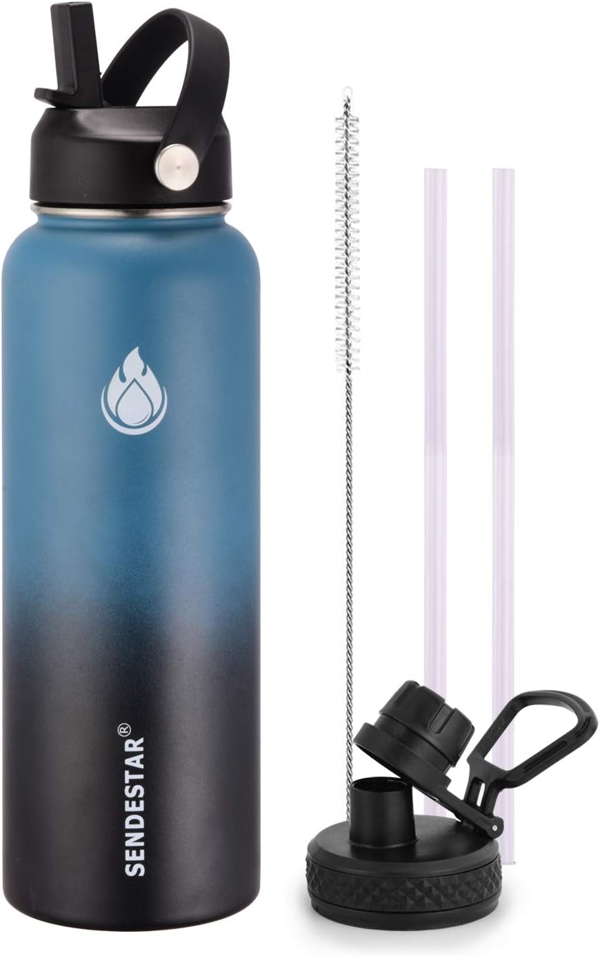 SENDESTAR Water Bottle 32oz Double Wall Vacuum Insulated Leak Proof Stainless Steel Sports Water Bottle—Wide Mouth with New Flex Straw Lid & Spout Lid (Deep Blue&Black)
