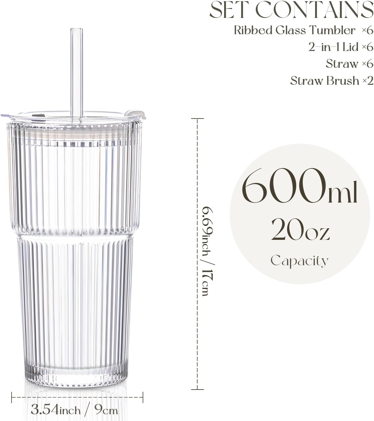 KEMORELA 6-Pack Ribbed Glass Tumblers with Lids & Straws – Vintage Style Iced Coffee Cups, Durable Smoothie & Cocktail Drinking Glasses, Reusable Clear Glassware for Home, Cafe, Office (6)
