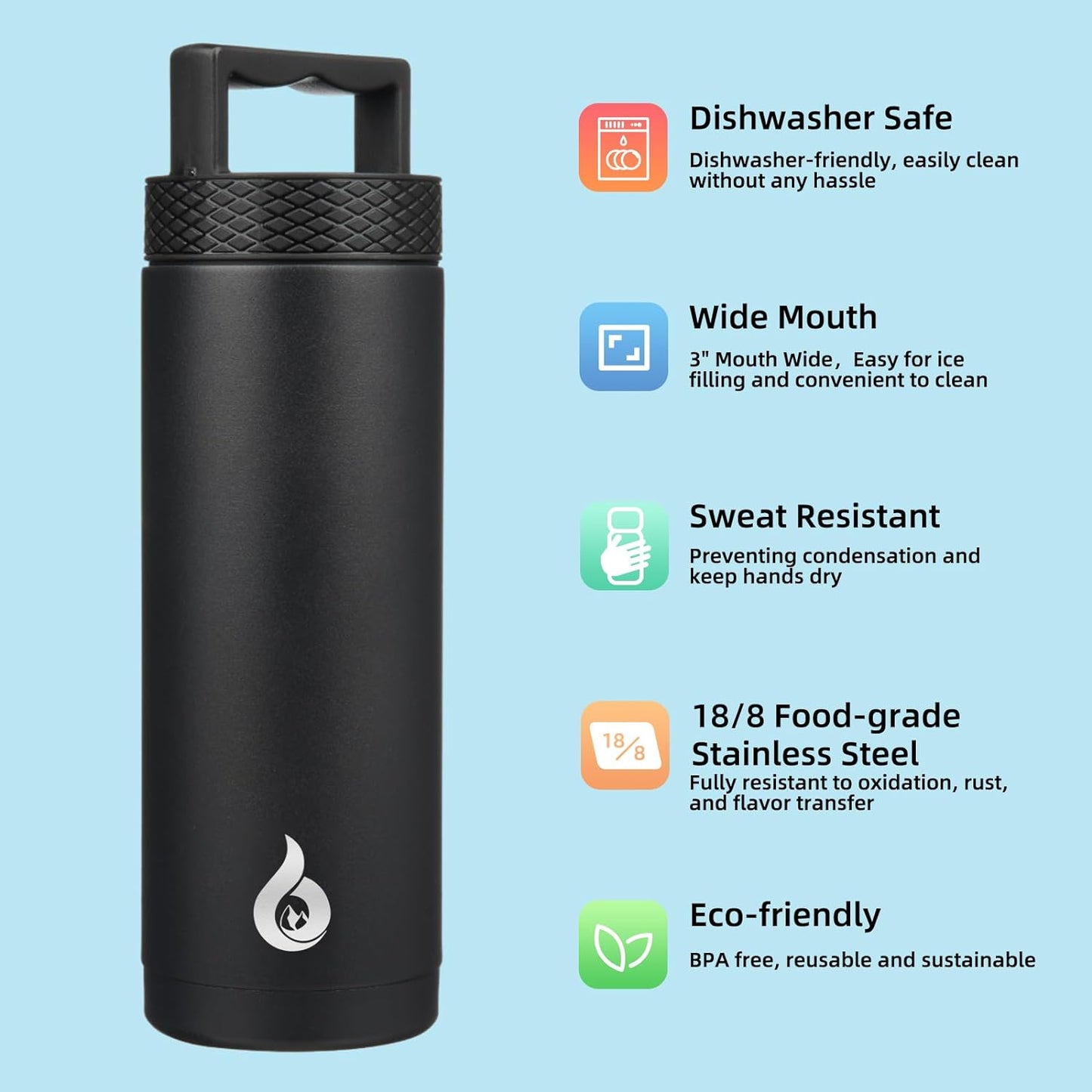 BJPKPK Insulated Water Bottles, Dishwasher Safe 18 oz Water Bottle with Handle, Leakproof BPA Free Water Jug, Stainless Steel Thermos for Sports, Black