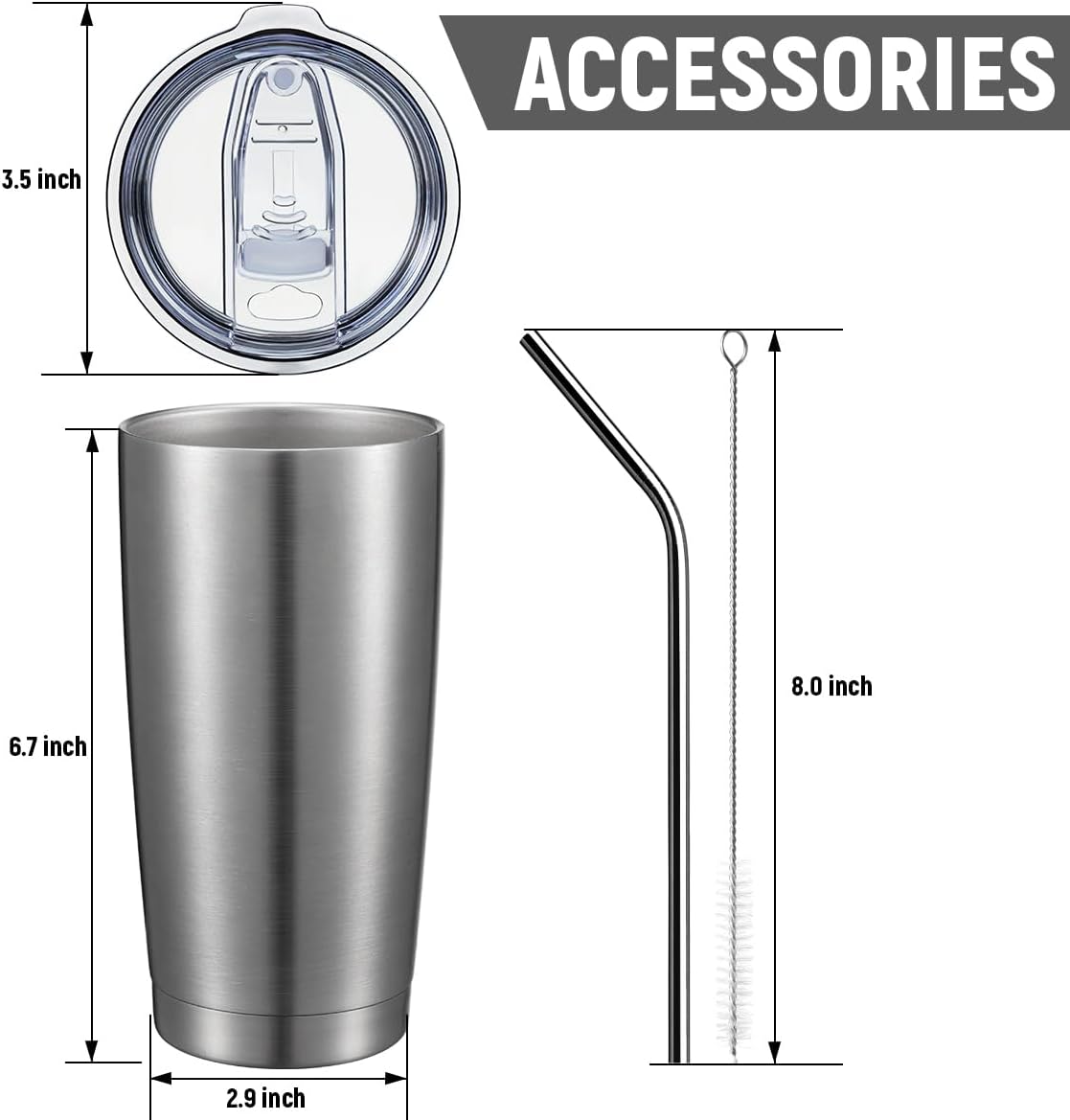 COMOOO 20oz Stainless Steel Tumbler Bulk Double Wall Vacuum Coffee Cup Insulated Travel Mug with Lid and Straw Durable Powder Coated Insulated Coffee Cup for Cold & Hot Drinks (silver, 8 pack