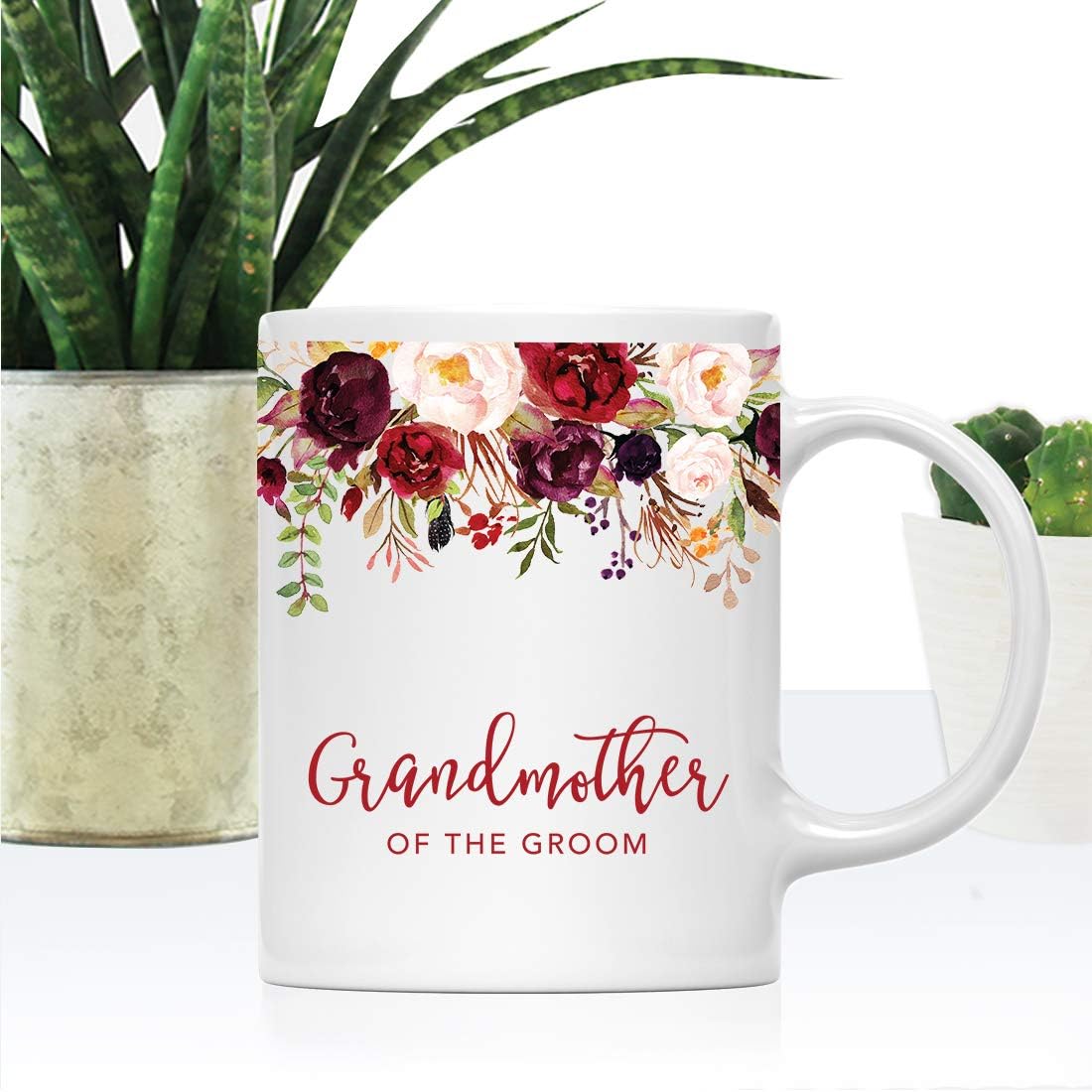 Andaz Press 11oz. Wedding Ceramic Coffee Tea Mug Gift, Fall Autumn Marsala Burgundy Flowers Roses Florals, Grandmother of the Groom, 1-Pack, Includes Gift Box