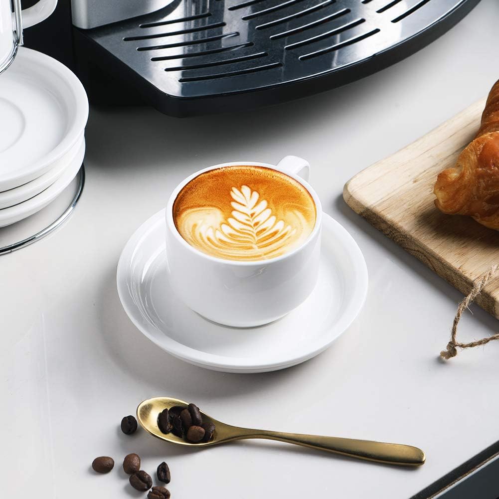 Sweejar Porcelain Espresso Cups with Saucers, 4 Ounce Stackable Cappuccino Cups with Metal Stand for Coffee Drinks, Latte, Tea - Set of 4 (White)