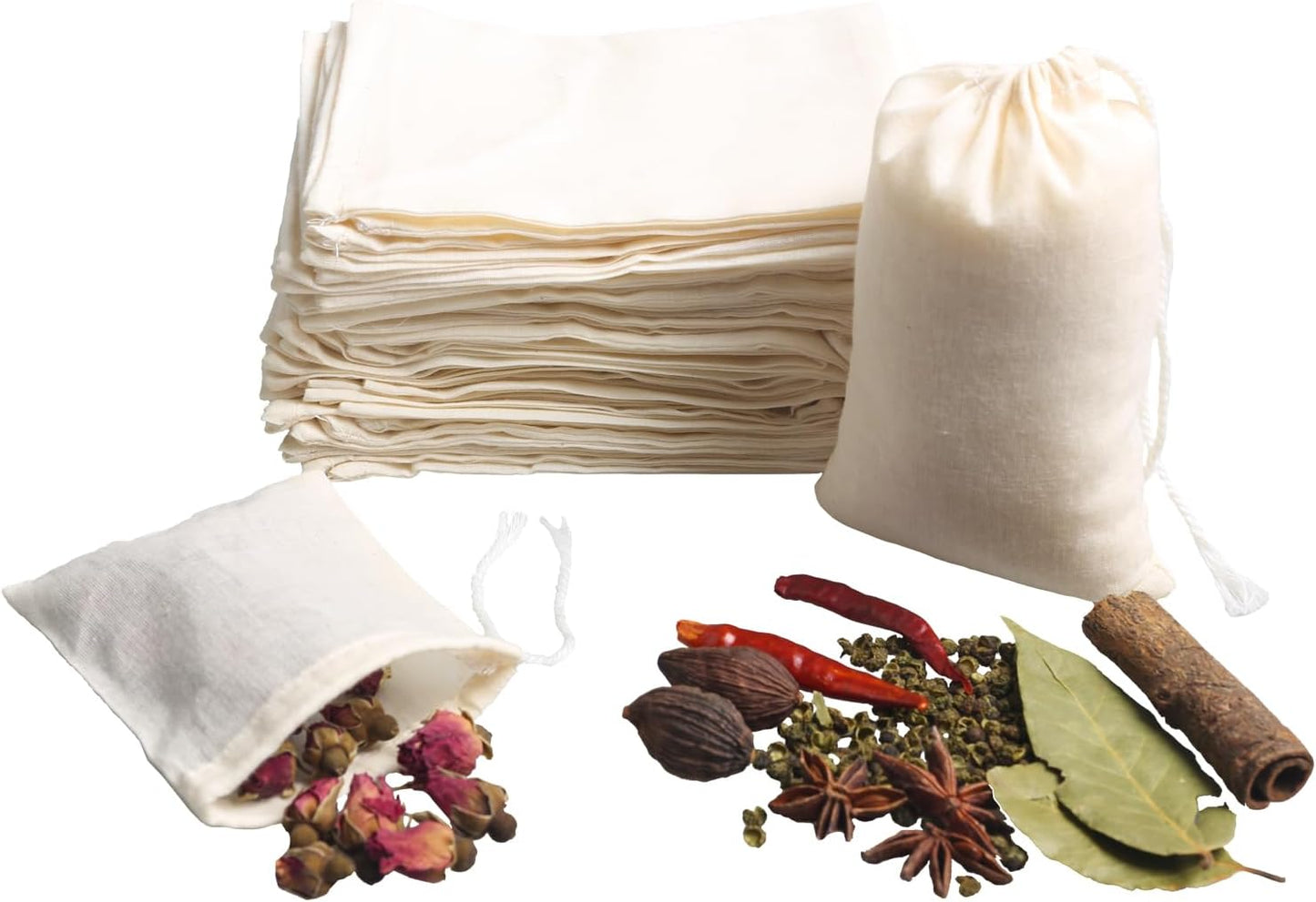 Eketirry Spice Bags, 10pcs Reusable Empty Tea Bags, Muslin Strainer Bags, Soup Bags for Cooking, Natural Cotton Fine Mesh Cheesecloth Bags for Cold Brew Coffee(3 x4" &7 x8")