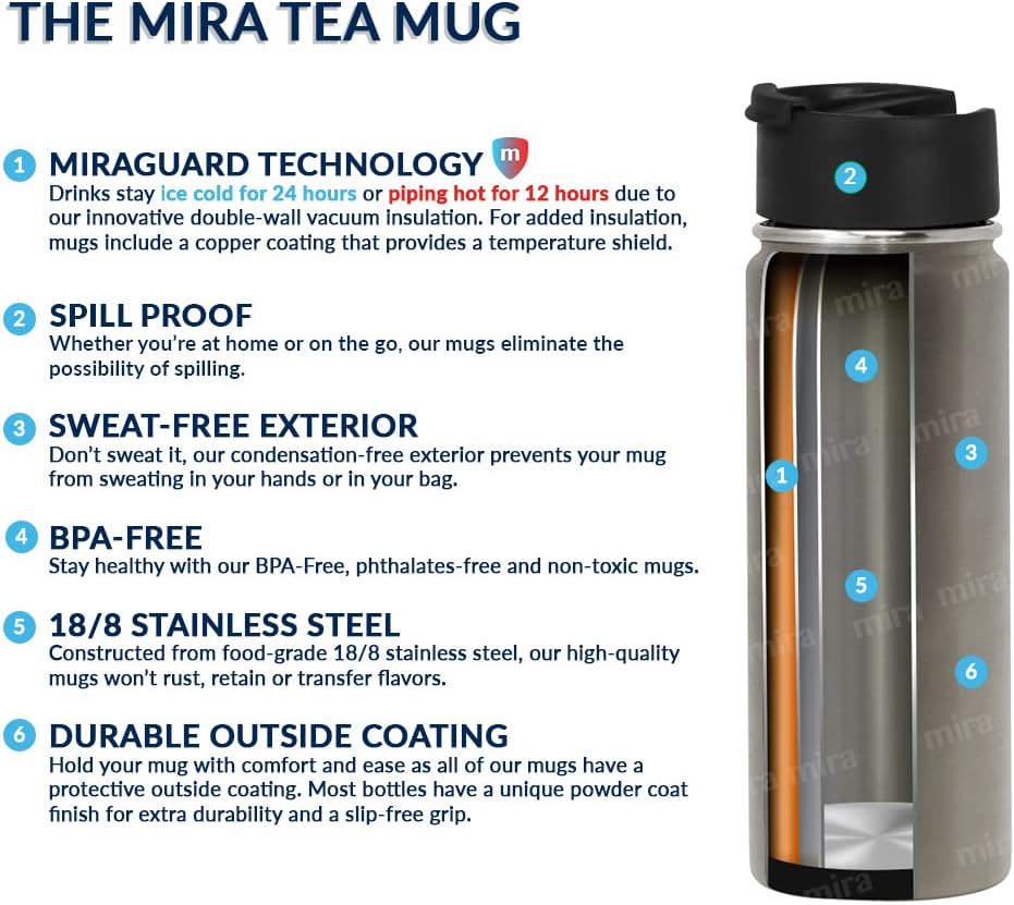 MIRA 18 oz Tea Infuser Thermos - Stainless Steel Travel Bottle with Removable Strainer for Loose Leaf Tea - Insulated Hot & Cold Brew Steeper - White