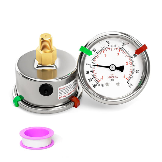 '-30inHG-60PSI Stainless Steel Liquid Filled Pressure Gauge, 2.5" Dial Size, 1/8" NPT Back Mount, for Tube, Water Pump, Gas, Liquid, Pressure Test (with Range Mark Pointer)
