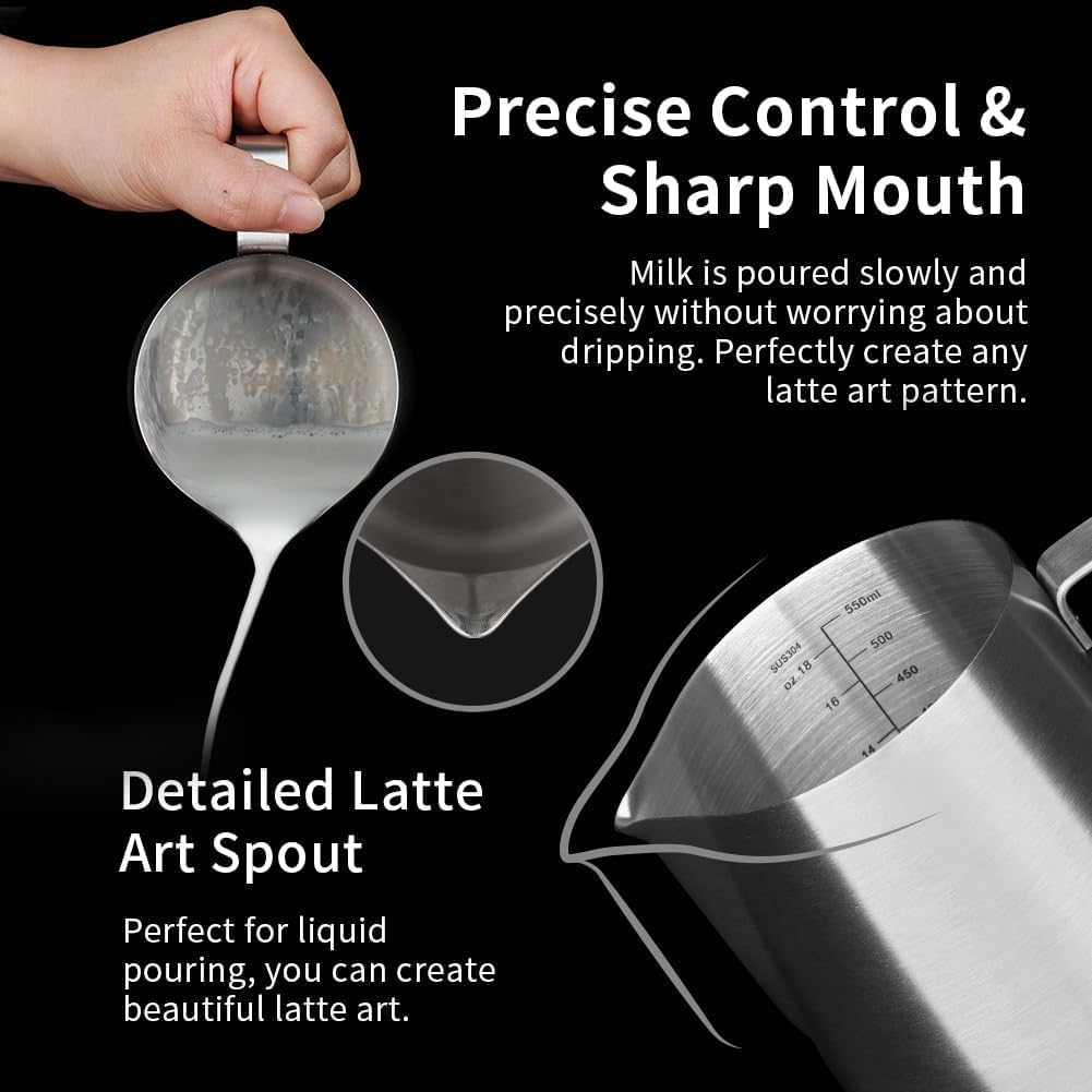 watchget Stainless Steel Milk Frothing Pitcher 20oz/600ml - Espresso Steaming Pitcher for Cappuccino, Latte Art, Coffee Machine Accessories Milk Jug Coffee Frother Cup, Matt Silver