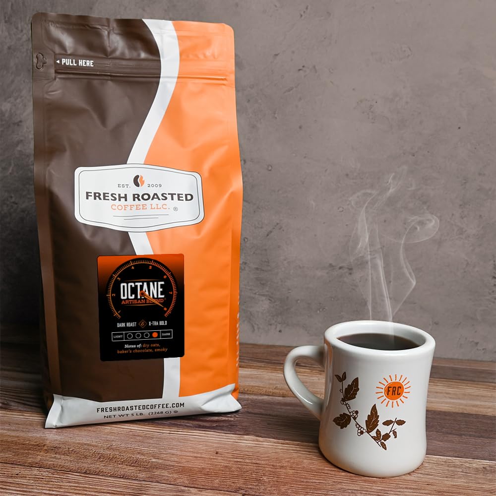 Fresh Roasted Coffee, Octane, 5 lb (80 oz), Dark Roast, Kosher, Ground