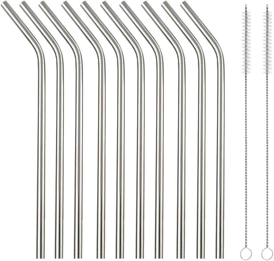 10 Pcs Stainless Steel Straws, Reusable Drinking Straws, Bent Metal Straw Sets with 2 Pcs Cleaning Brushes (Silver, 8.5 Inch)