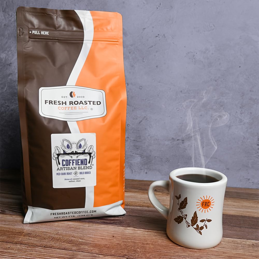 Fresh Roasted Coffee, Coffiend, 5 lb (80 oz), Med-Dark Roast, Kosher, GROUND