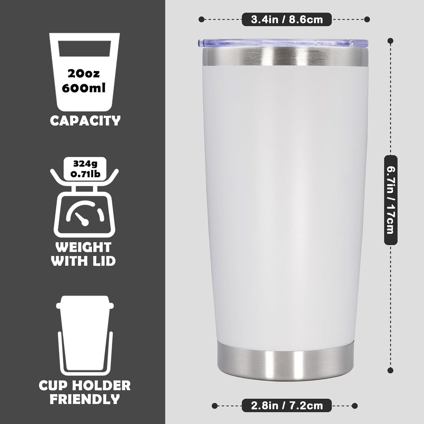 20oz Tumbler Bulk Stainless Steel Tumbler Cup with Lid Vacuum Insulated Double Wall Travel Mug, Durable Powder Coated Travel Coffee Tumbler Mug for Hot & Cold Drinks, White,8 Pack