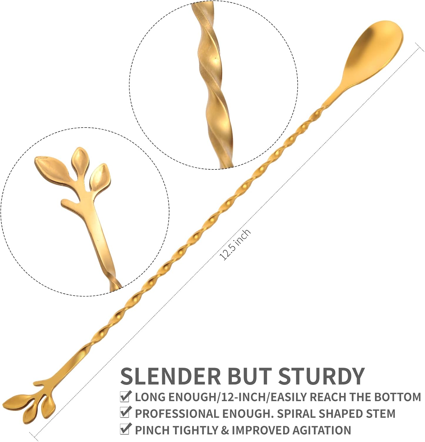 AnSaw Gold 12-Inch Stainless Steel Cocktail Spoon with Leaf Handle - Perfect for Mixing & Layering Drinks in Tall Cups, Bar & Shakers - Durable Long Handle Bar Stirrer,1-Pieces