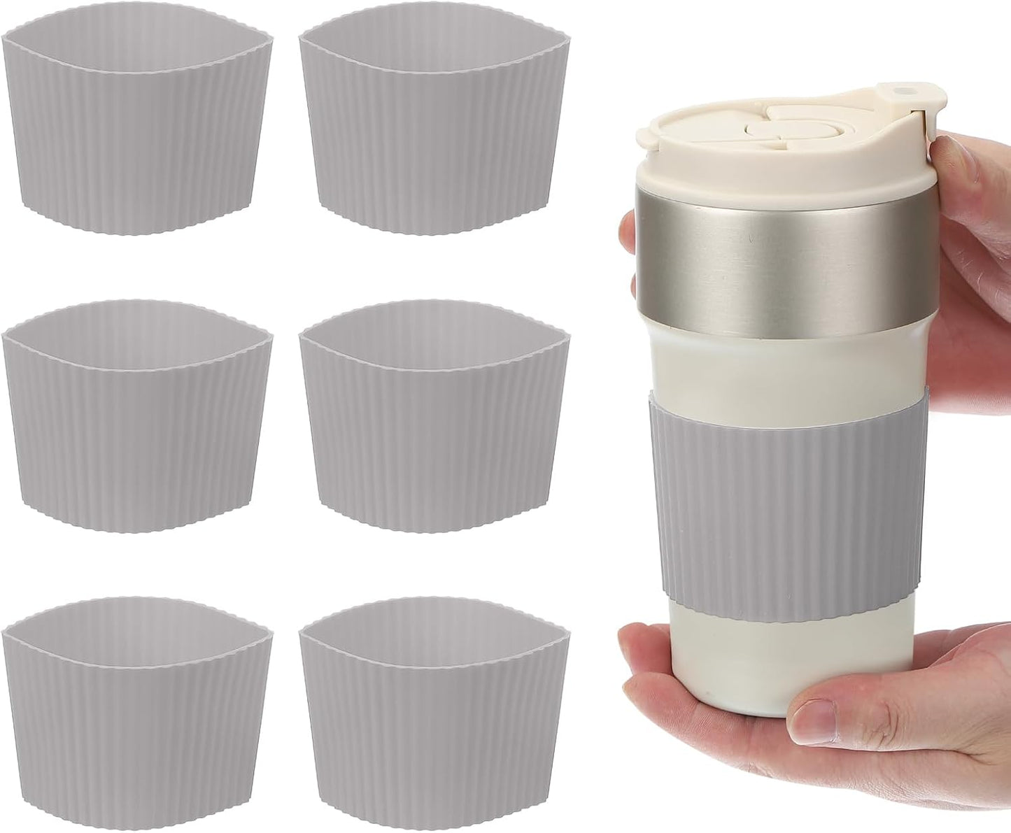uxcell 6Pack Coffee Cup Sleeves, Reusable Silicone Heat Resistant Cup Protective Sleeve Nonslip Mug Protector Cover for Home Travel Coffee Mug Glasses Water Bottle Boots, Gray