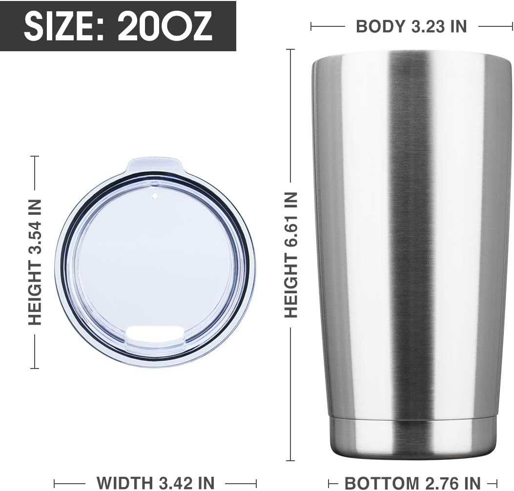 20oz Tumbler Bulk Stainless Steel Vacuum Insulated Tumblers with Lid Double Wall Travel Mug, Powder Coated Coffee Cup, Suitable for Ice Drinks and Hot Beverage(Stainless steel 6pack)
