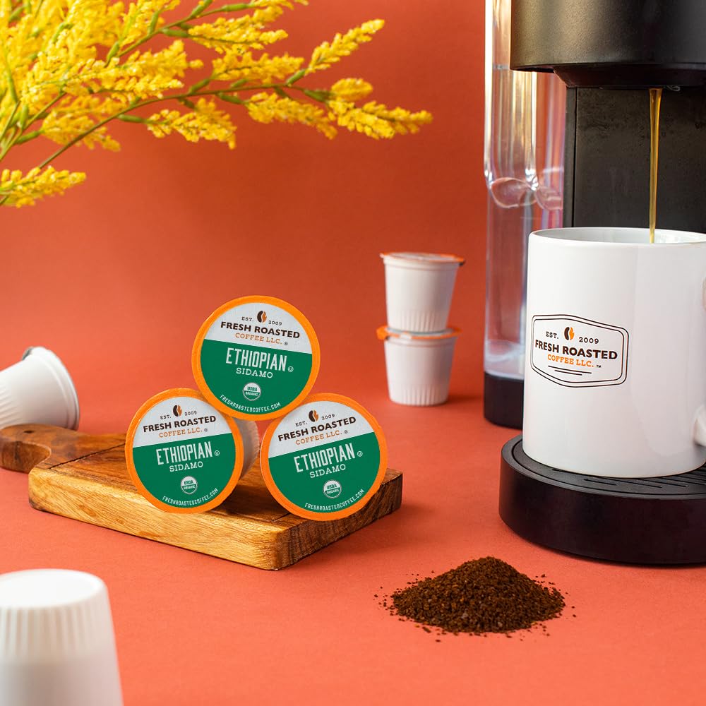 Fresh Roasted Coffee, Organic Ethiopian Sidamo | Fair Trade, USDA Organic, 100% Single Origin, Kosher | Light Roast 24 Pods for K Cup Brewers