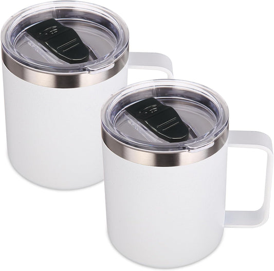 Volhoply 14oz Insulated Stainless Steel Coffee Mug with Lid Bulk 2 Pack,Double Wall Vacuum Travel Coffee Cup with Handle,Reusable Metal Cups Tumbler,Camping Mugs Keep Hot,Ideal Gifts(White,2)