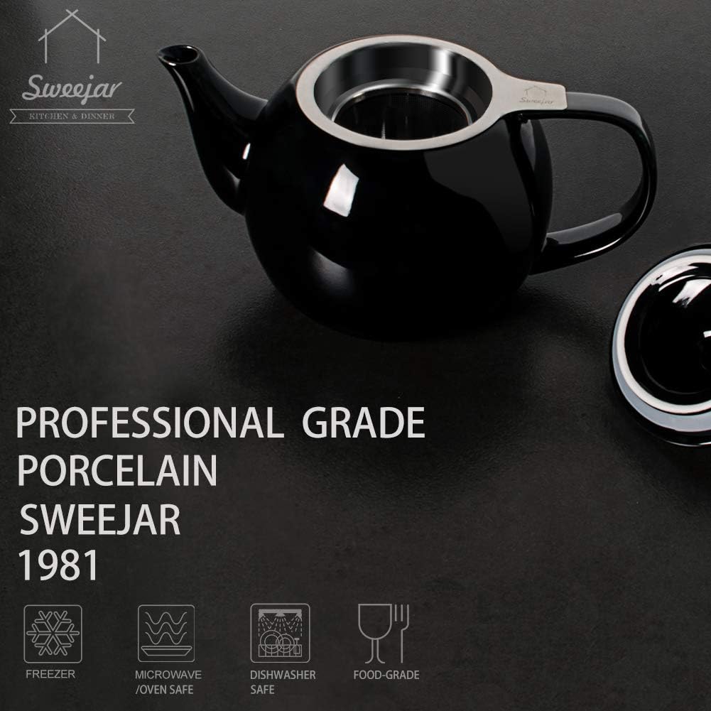 Sweejar Porcelain Teapot with Removable Stainless Steel Infuser,Microwave & Dishwasher Safe Tea Pots for Loose Tea,Tea Infuser Pots for Chrismas Women Gift (30oz Black)