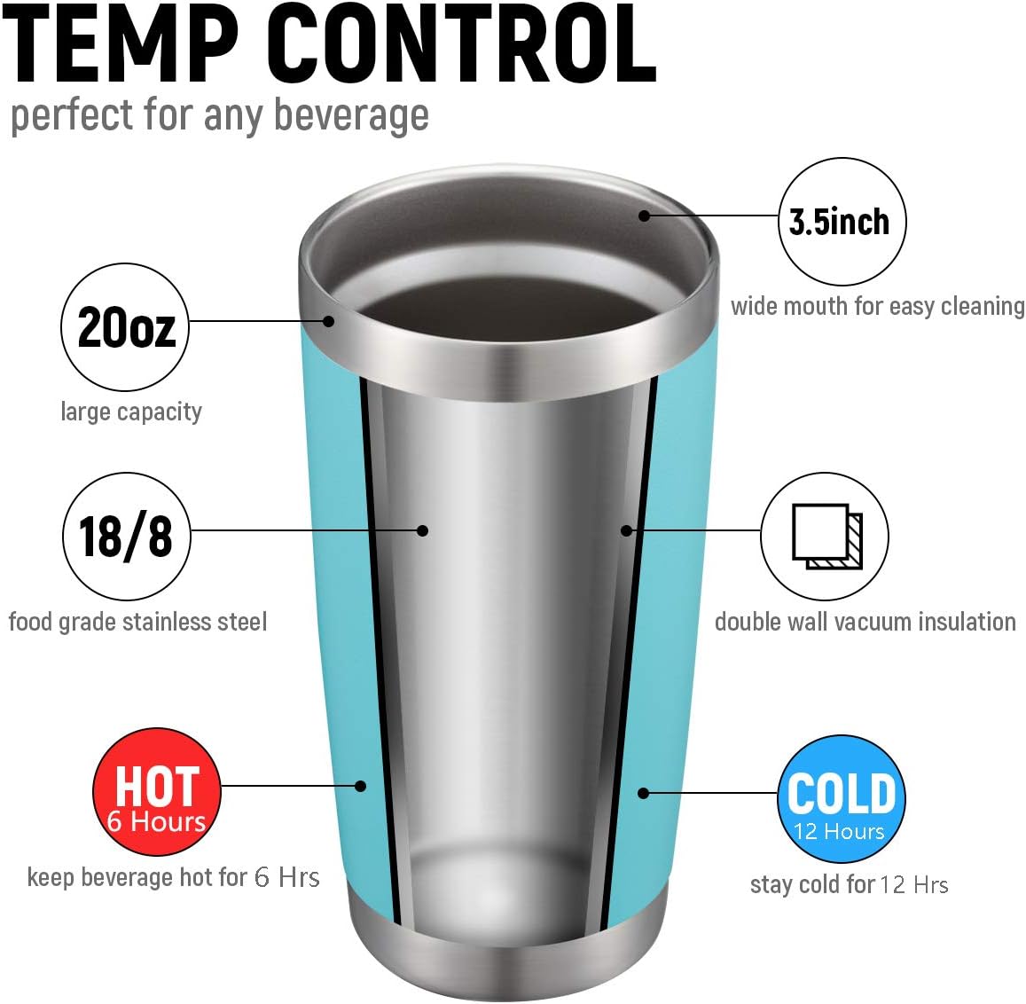COMOOO 20oz Double Wall Vacuum Insulated Travel Mug, Stainless Steel Tumbler with Lid and Straw Durable Powder Coated Insulated Coffee Cup for Cold & Hot Drinks (Light Blue, 2 pack