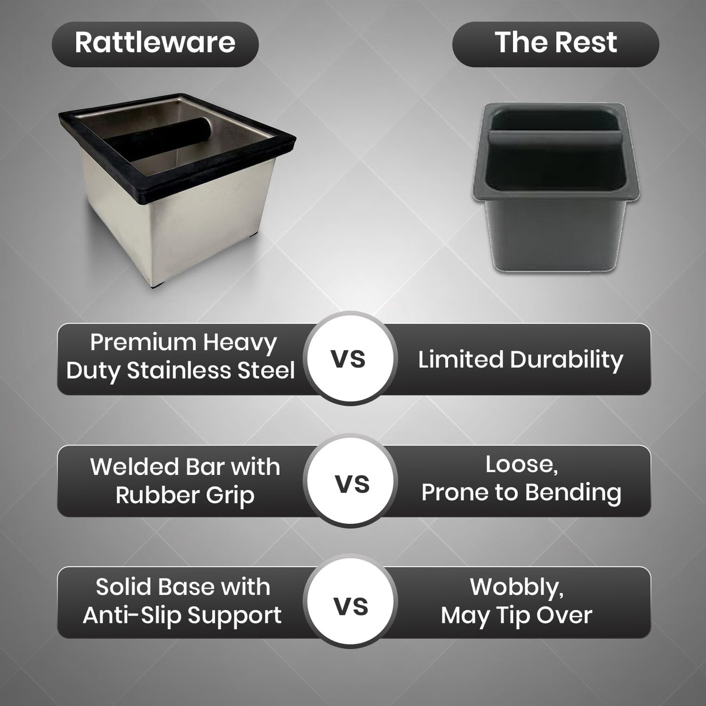 Rattleware Heavy-Duty Stainless Steel Knock Box Espresso Puck Disposal with Welded Bar Splash Guard, Ideal for Home, Cafe, Restaurant, Hotel, Coffee Bar, or Espresso Station (6" x 5.5" x 4")