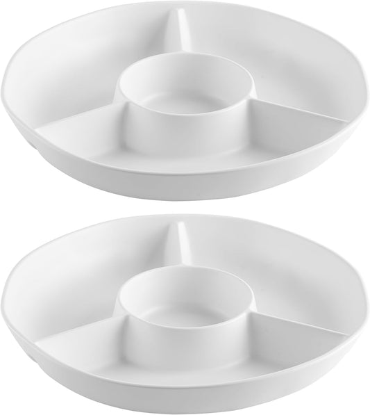 White Chip and Dip Serving Set, Divided Serving Platter Set, 4 Section Appetizers and Cheeses Serving Tray, Compartment Dishes for Party, Christmas, Dessert, Fruit, Candy, 13-inch, Set of 2