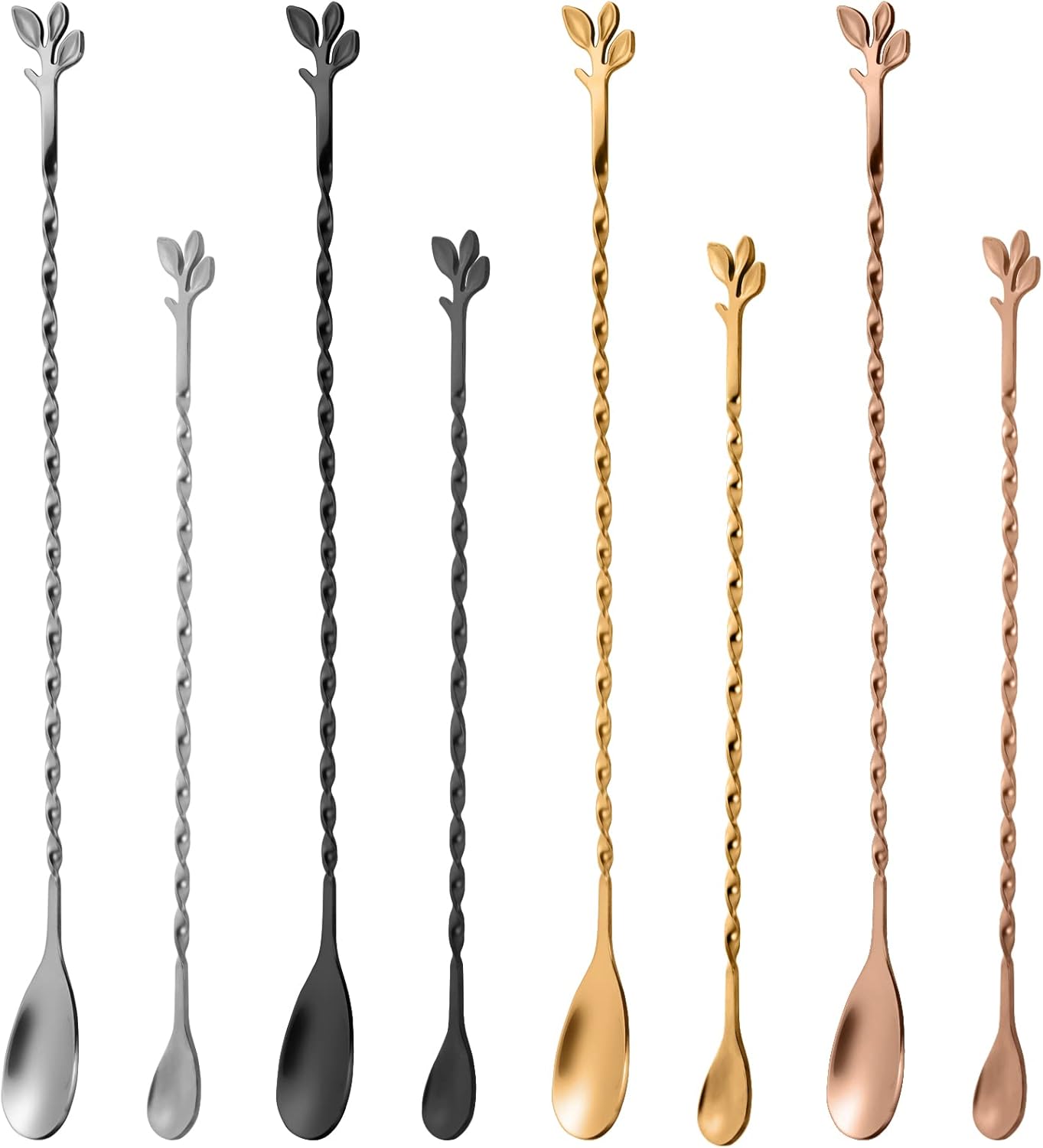 AnSaw Black 12-Inch Stainless Steel Cocktail Spoon with Leaf Handle - Perfect for Mixing & Layering Drinks in Tall Cups, Bar & Shakers - Durable Long Handle Bar Stirrer,2-Pieces