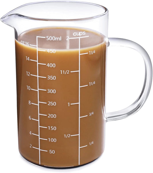 77L Glass Measuring Cup, [Insulated handle, V-Shaped Spout], High Borosilicate Glass Measuring Cup for Kitchen or Restaurant, Easy To Read, 500 ML (0.5 Liter, 2 Cup)