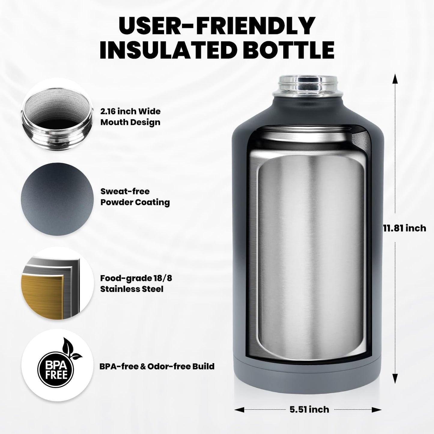 One Gallon Water Bottle Insulated, Triple Walled Vacuum Stainless Steel (Cold for 48 Hrs), Leak Proof & Non-BPA, Large Water Flask Jug with Paracord Handle & Straw Spout Lids