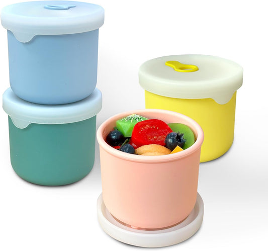 8.5 OZ Silicone Food Storage Containers, Baby Food Storage Jars with Airtight Lids and Snack Cup Lid, Freezer, Microwave and Dishwasher Safe, Reusable Snack Containers for Kids, Infant, Toddler, 4 Pcs