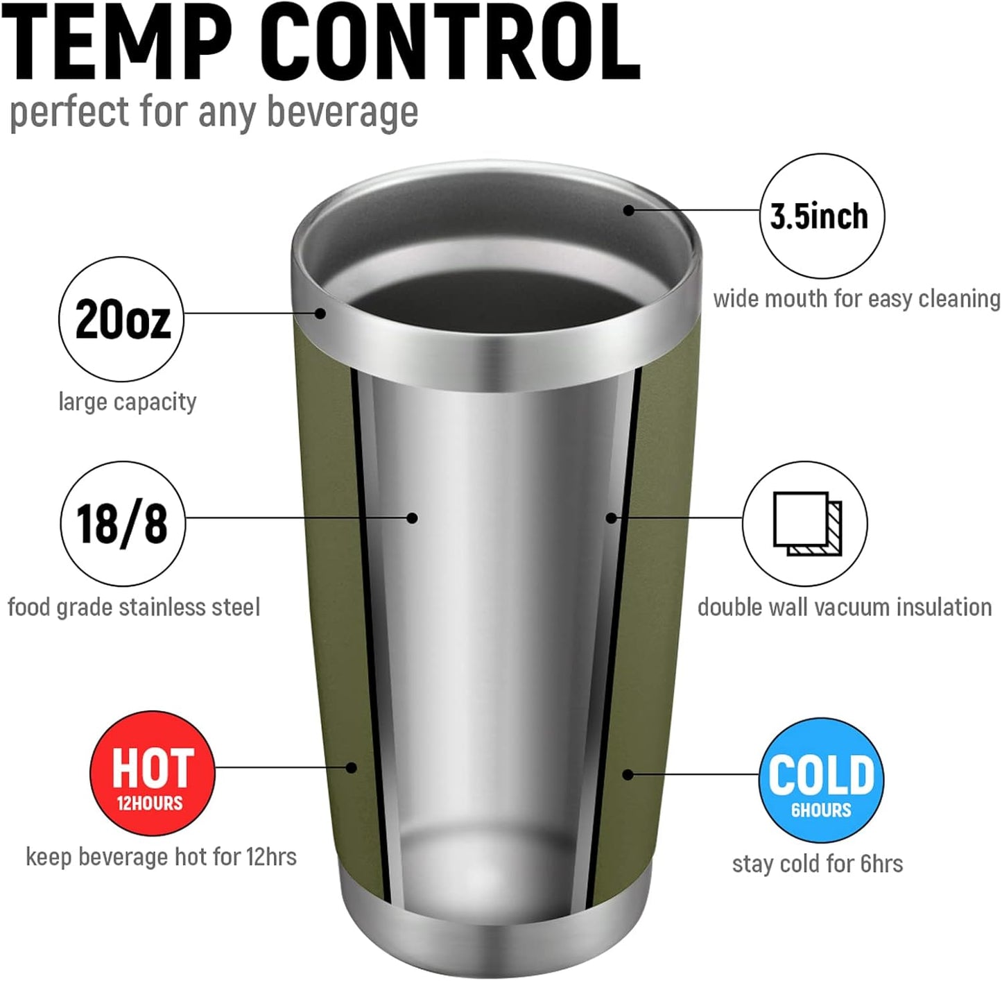 COMOOO 20oz Double Wall Vacuum Insulated Travel Mug, Stainless Steel Tumbler with Lid and Straw Durable Powder Coated Insulated Coffee Cup for Cold & Hot Drinks（Army Green, 6 Pack）