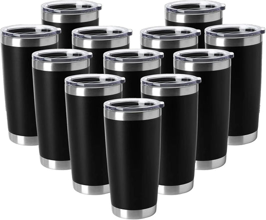 HASLE OUTFITTERS 20oz Tumblers Stainless Steel Mugs with Lid Double Wall Vacuum Insulated Coffee Cups for Cold & Hot Drinks (20oz-Black, 12 Pack)