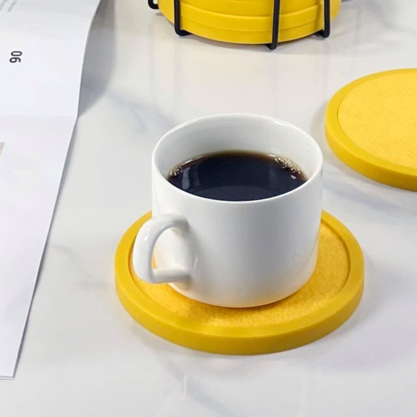 Absorbent Coasters for Drinks with Holder - 6packs, Silicone Coaster with Soft Felt Insert (4.3 inch Coasters with 4.5 inch Holder, Yellow)
