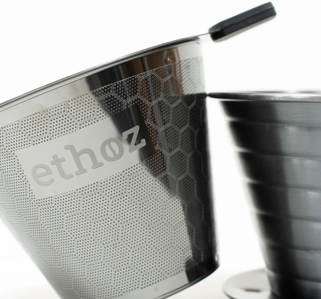 Ethoz® Pour Over Coffee Maker – Sustainable Stainless Steel Pour Over with Built-In Reusable Filter, Flat/Convex Bottom for Even Extraction, Eco-Friendly Design, Precision Anywhere Brewing