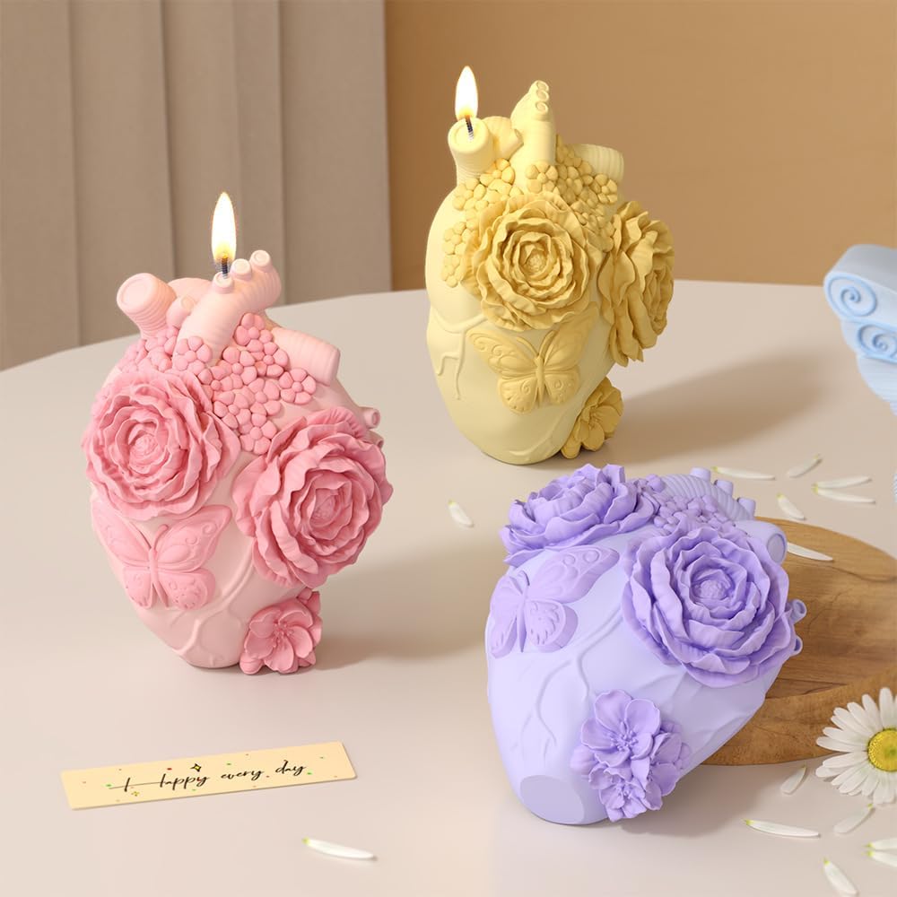 Anatomical Heart Silicone Resin Mold for Candle Soap – 3D Floral Human Organ Mold with Roses and Butterfly for Aromatherapy Wax Crafts DIY Gothic Romantic Gifts
