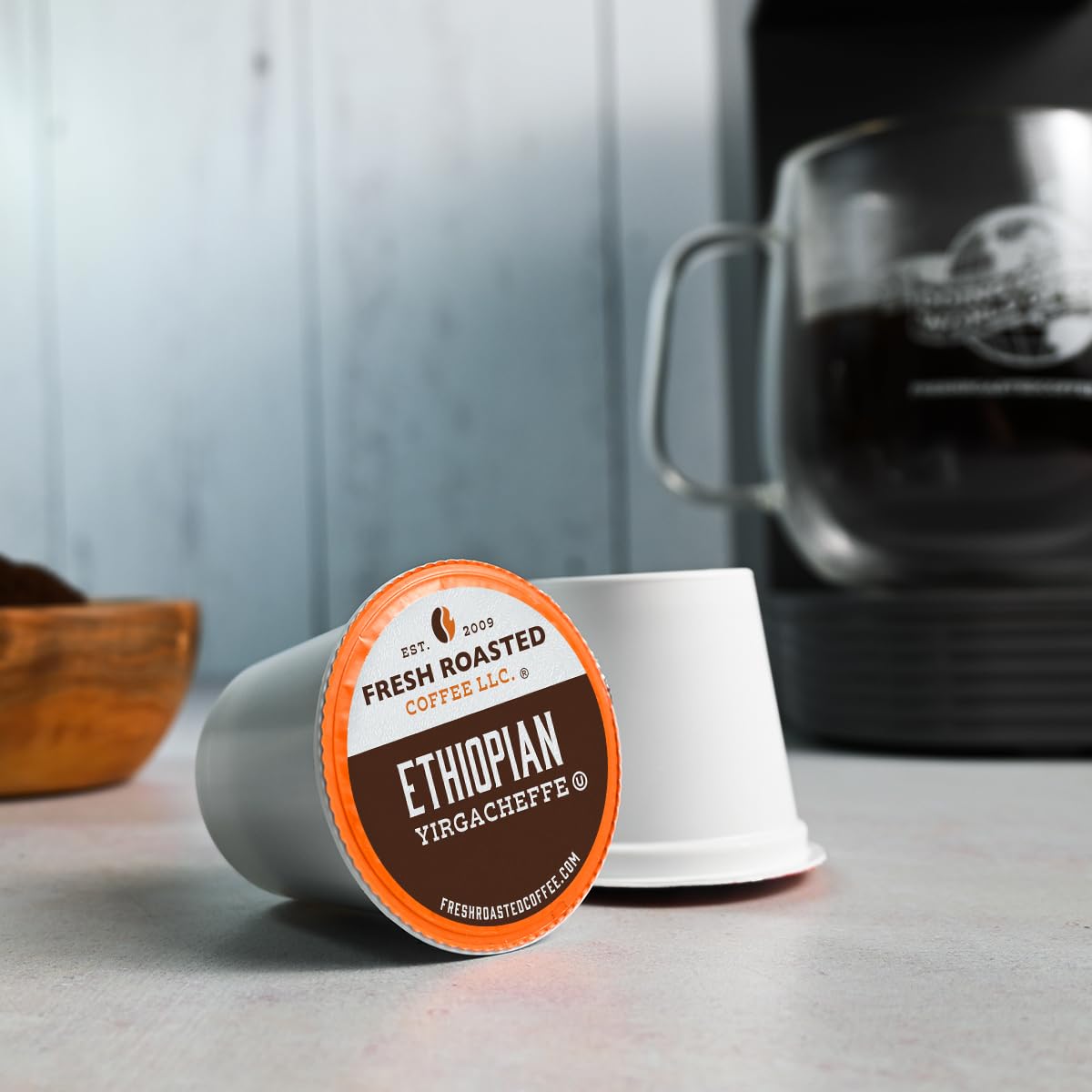 Fresh Roasted Coffee, Ethiopian Yirgacheffe Kochere, Medium Roast, 96 Pods for K Cup Brewers
